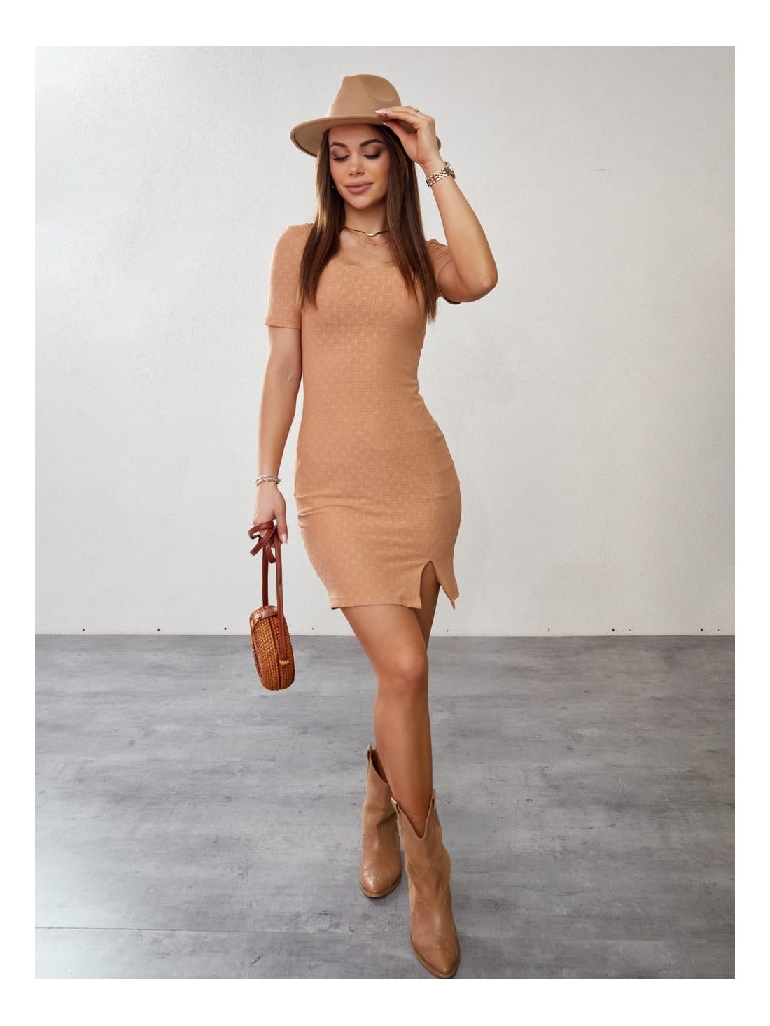 Light mini dress with short sleeves, dark beige 110646 - Online store - Boutique